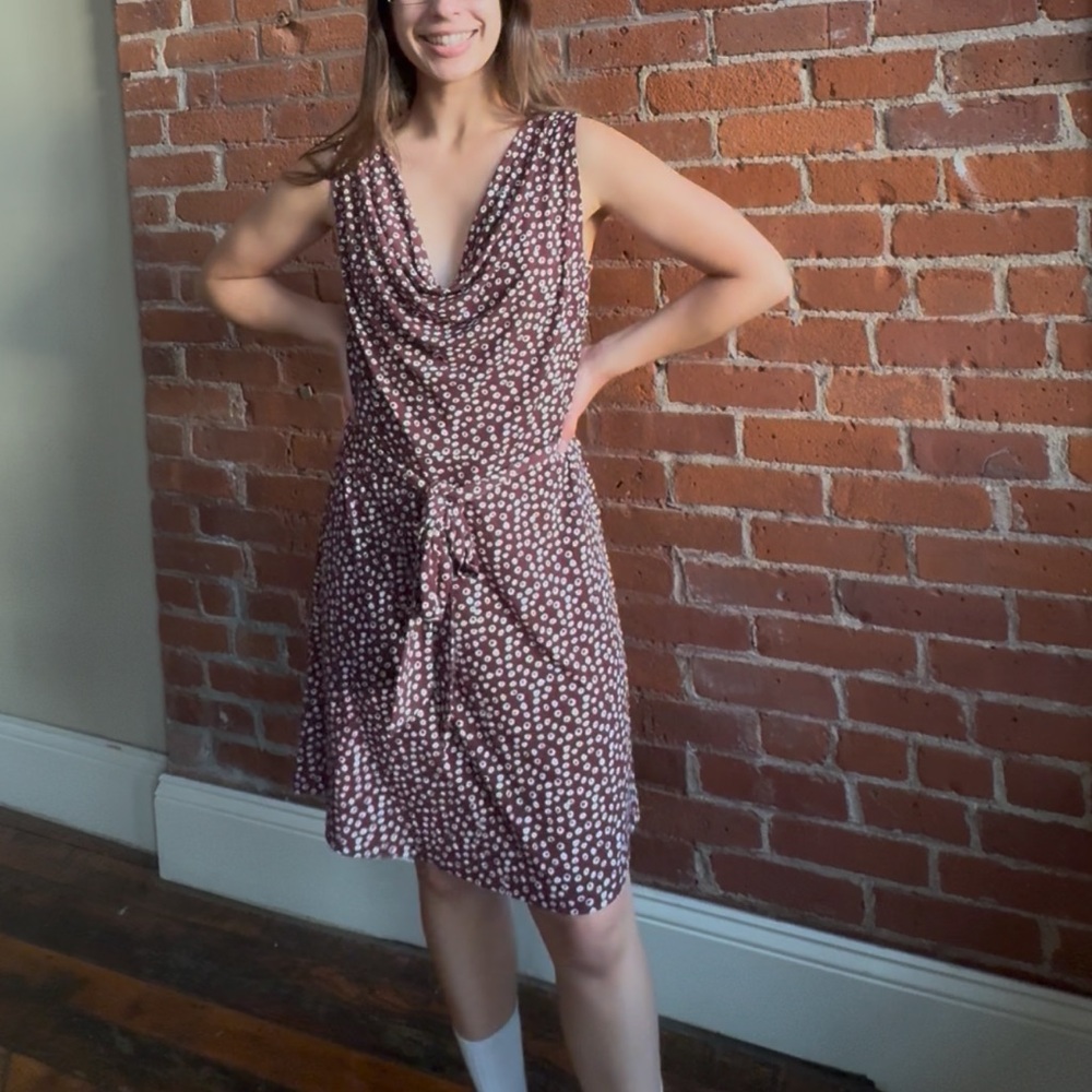 Sleeveless Cowl Neck Midi Dress in Maroon with White Dot Print